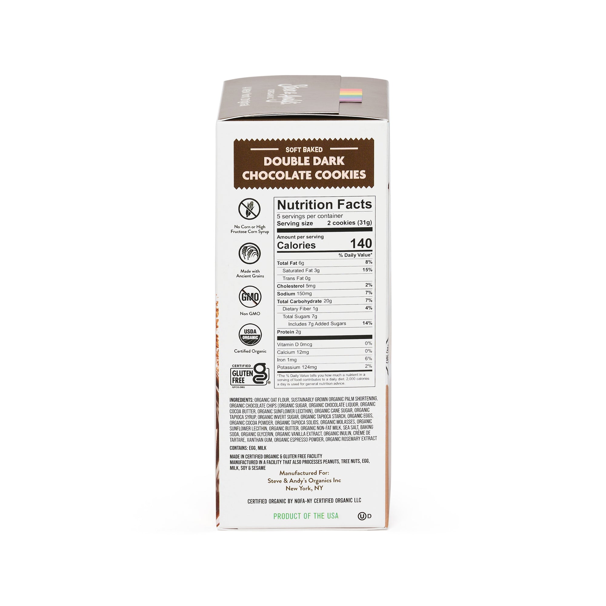 Nutrition facts of a box of Gluten Free Double Dark Chocolate Chip Cookies