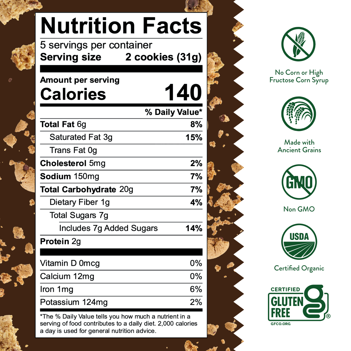 Nutrition facts of a box of Gluten-Free Double Dark Chocolate Chip Cookies
