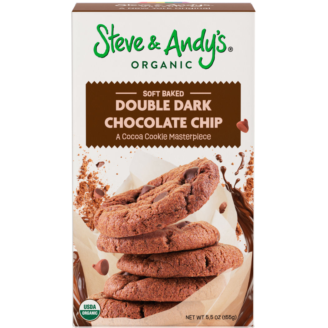 Gluten free double dark chocolate chip cookies from Steve & Andy's, soft baked and organic, in a 6.5 oz box.