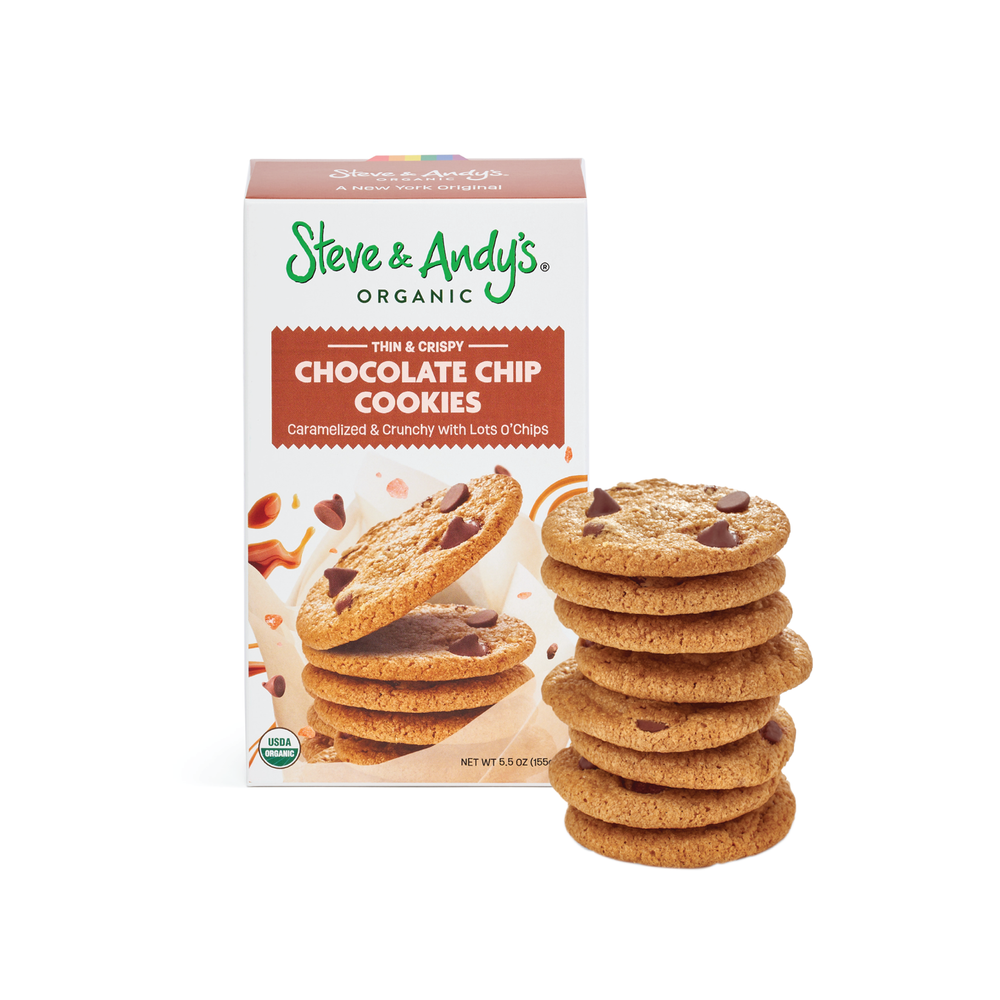 A box of Steve & Andy's Organic Chocolate Chip Cookies with several cookies stacked in front.