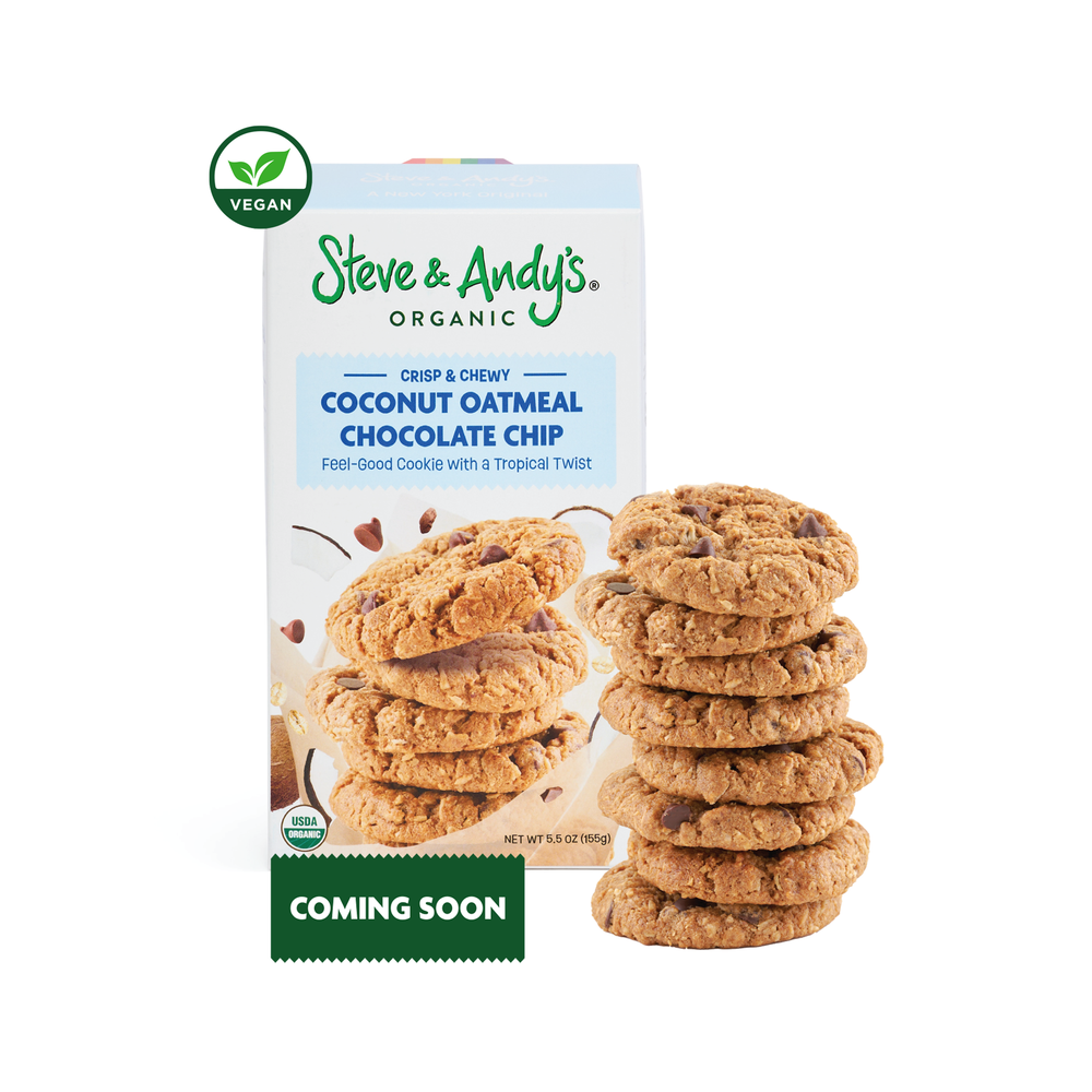 Packaging of Steve & Andy's Organic Coconut Oatmeal Chocolate Chip Cookies with the cookies displayed in front of the box. The packaging indicates that the product is vegan.