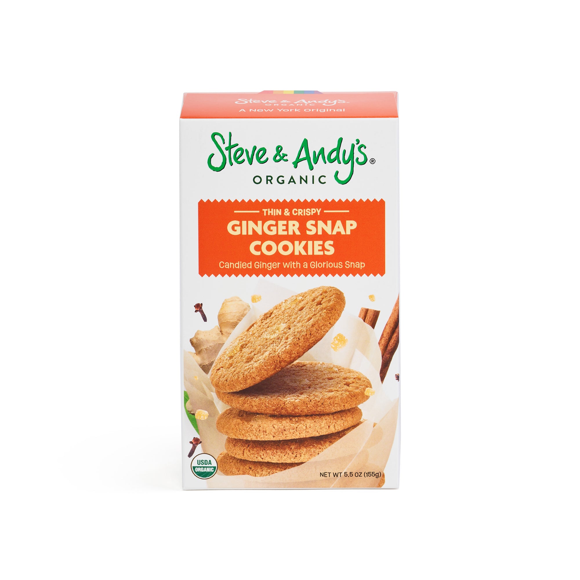 A box of ginger snap cookies in front of a box labeled 'Steve & Andy's Organic Ginger Snap Cookies.
