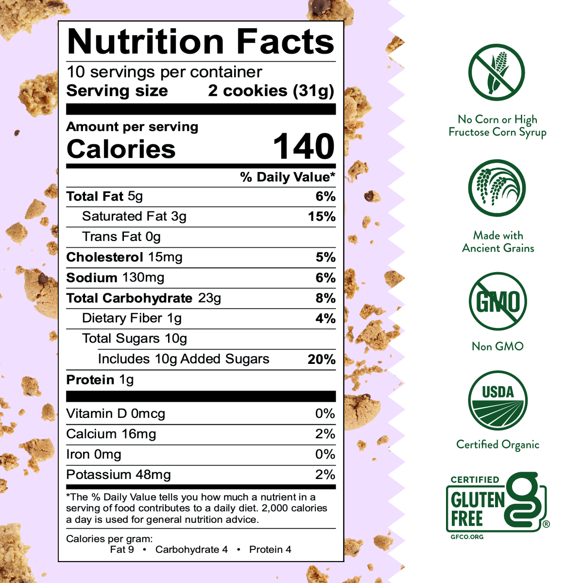 Nutrition facts of a box of Organic and gluten-free White Chocolate Chip Cookies