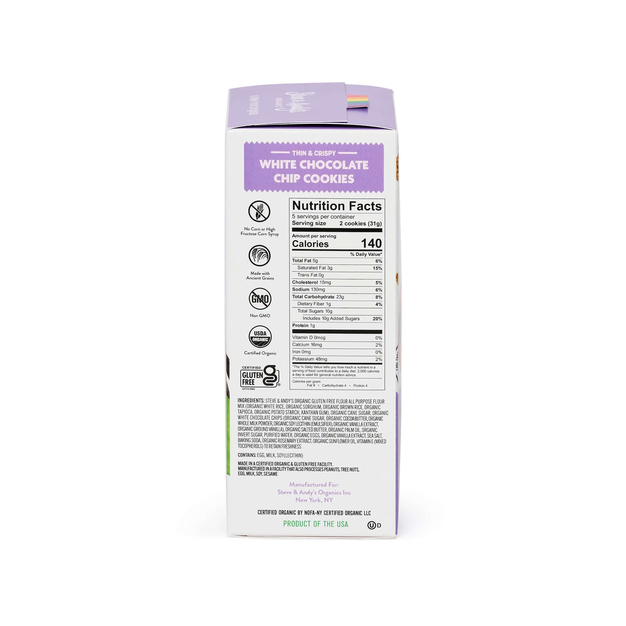 Nutrition facts of a box of Steve & Andy's Organic and gluten-free White Chocolate Chip Cookies