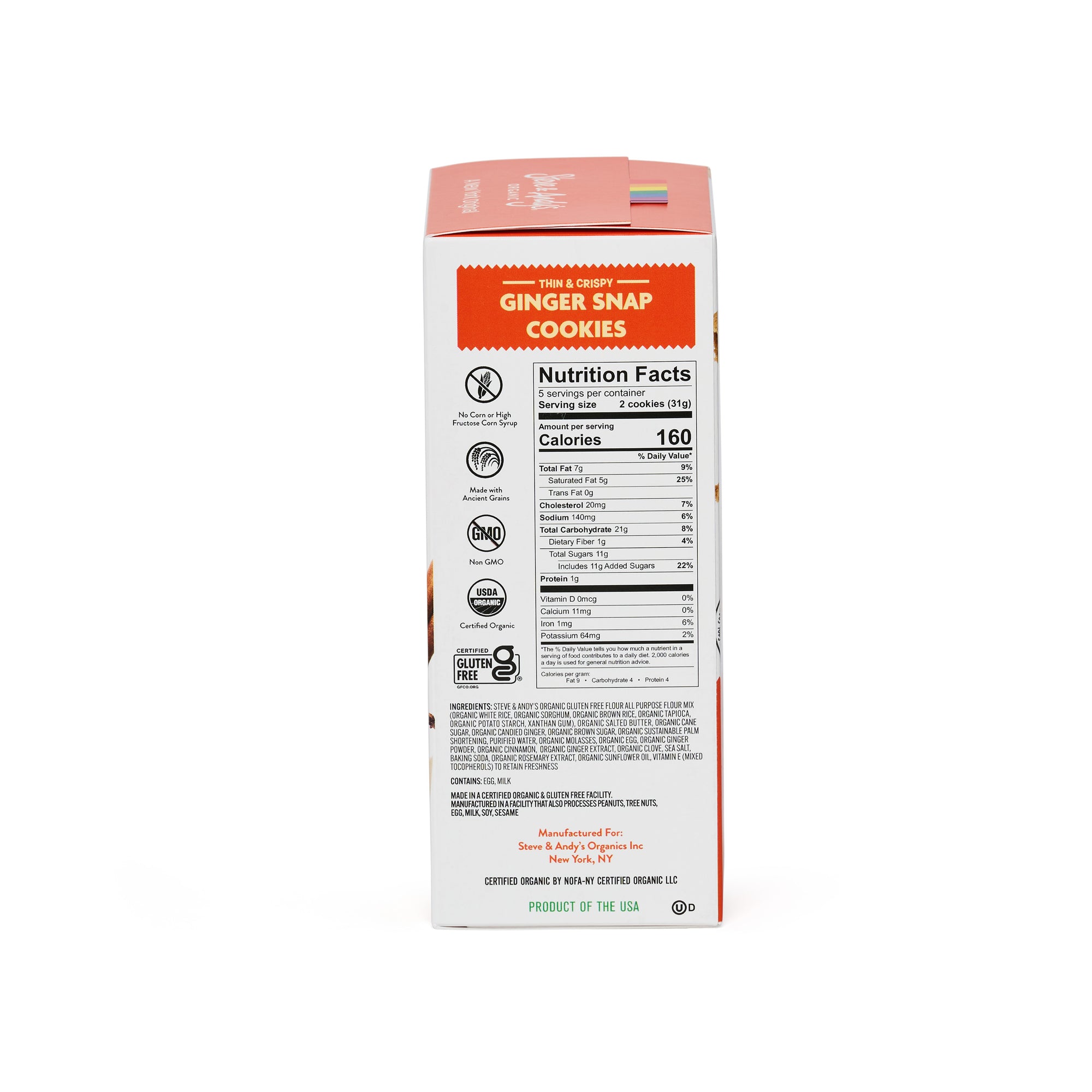 Nutrition facts of a box of ginger snap cookies in front of a box labeled Steve & Andy's Organic Ginger Snap Cookies.