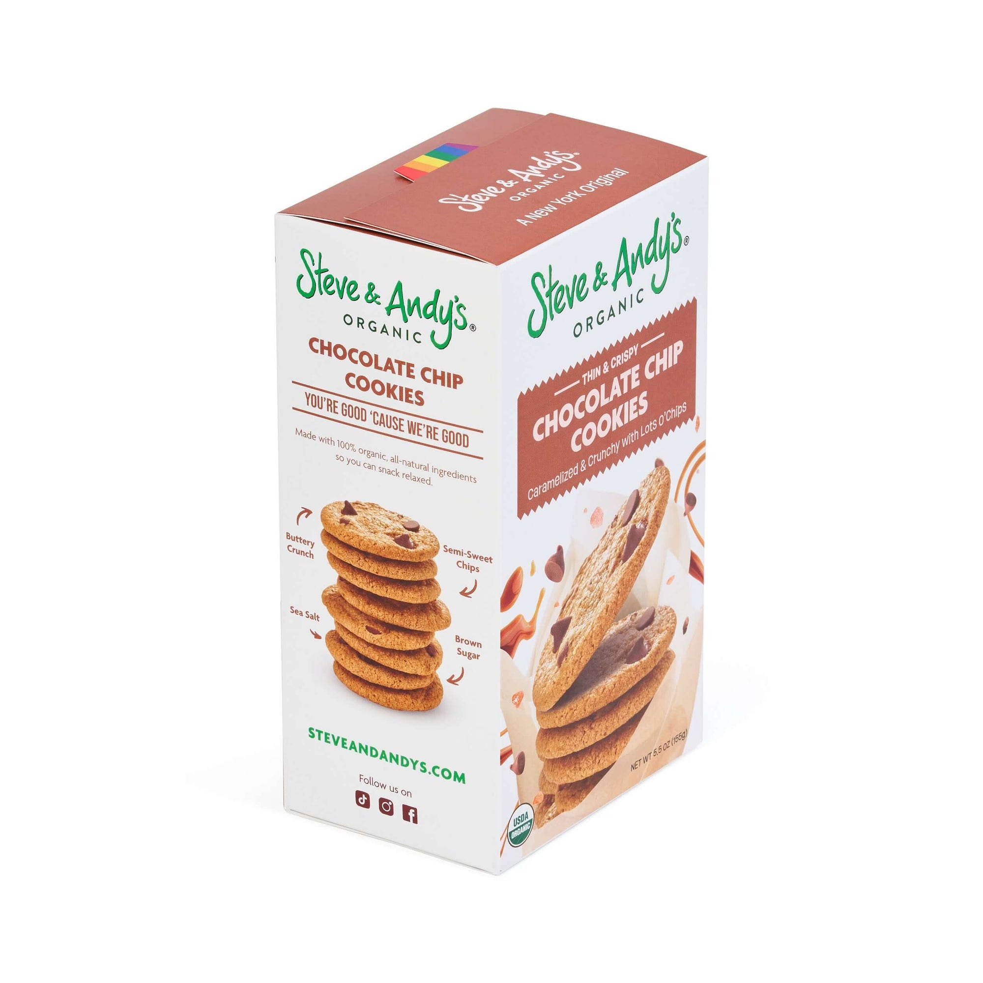 A box of Organic gluten-free Chocolate Chip Cookies showing stack of cookies on the side