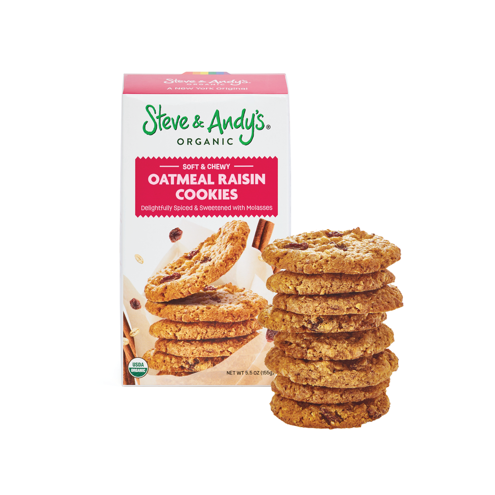 A package of Steve & Andy's Organic Oatmeal Raisin Cookies with several cookies displayed in front of the box.