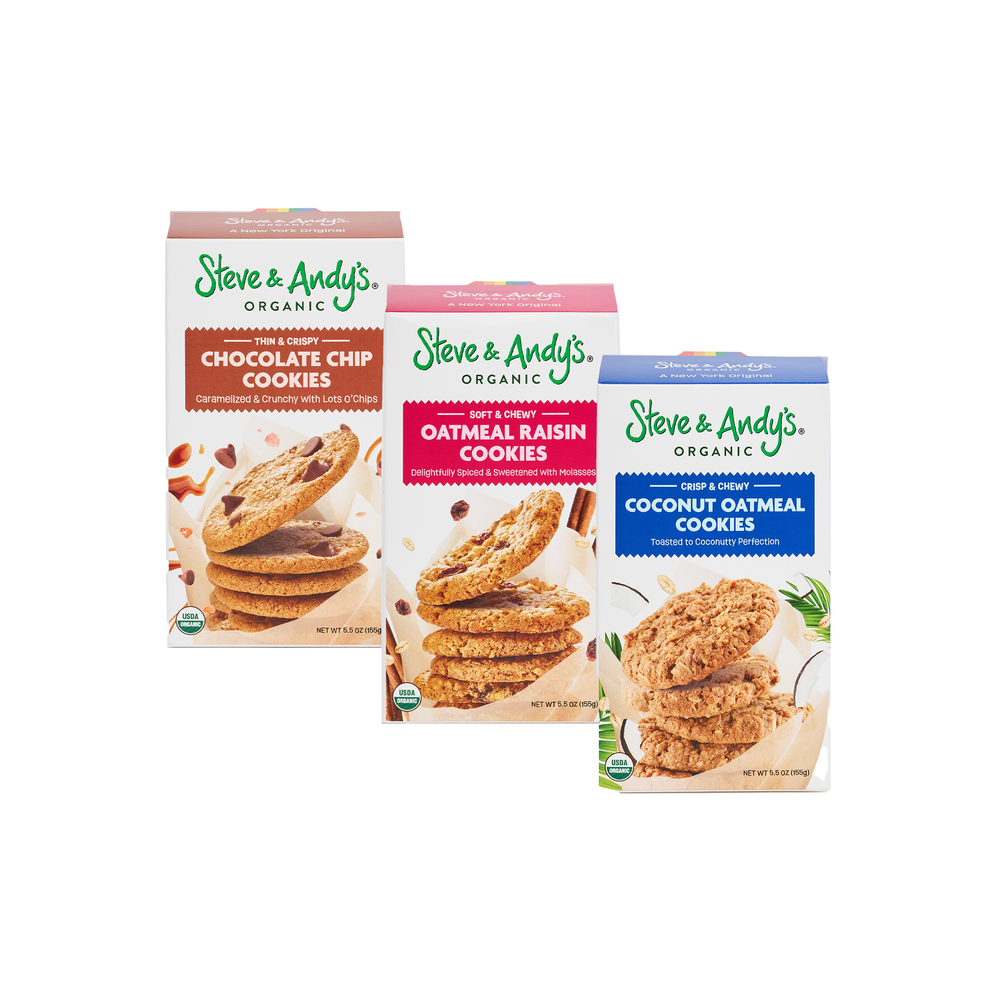Three packages of Steve & Andy's organic cookies in a variety pack, featuring chocolate chip, oatmeal raisin, and coconut oatmeal flavors.