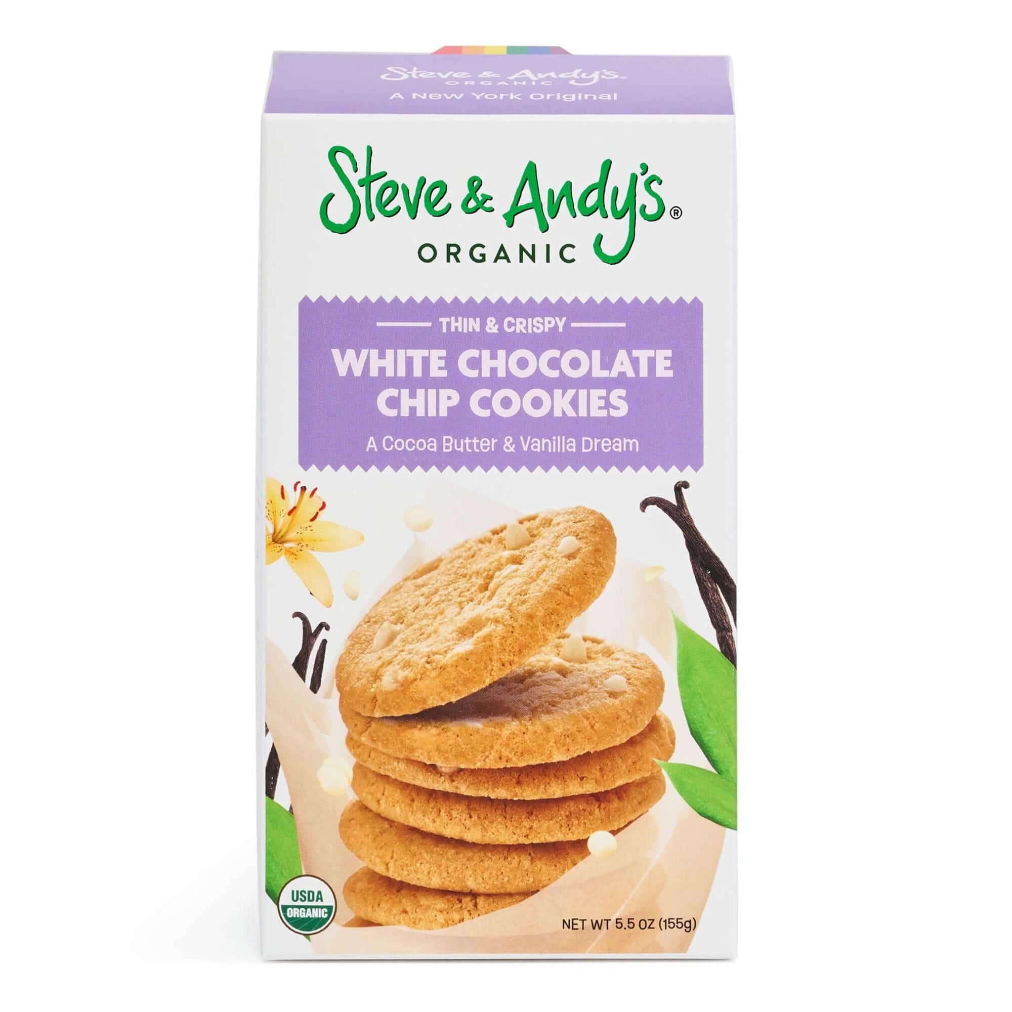 Steve & Andy's Organic and gluten-free White Chocolate Chip Cookies with several cookies displayed in front of the box.