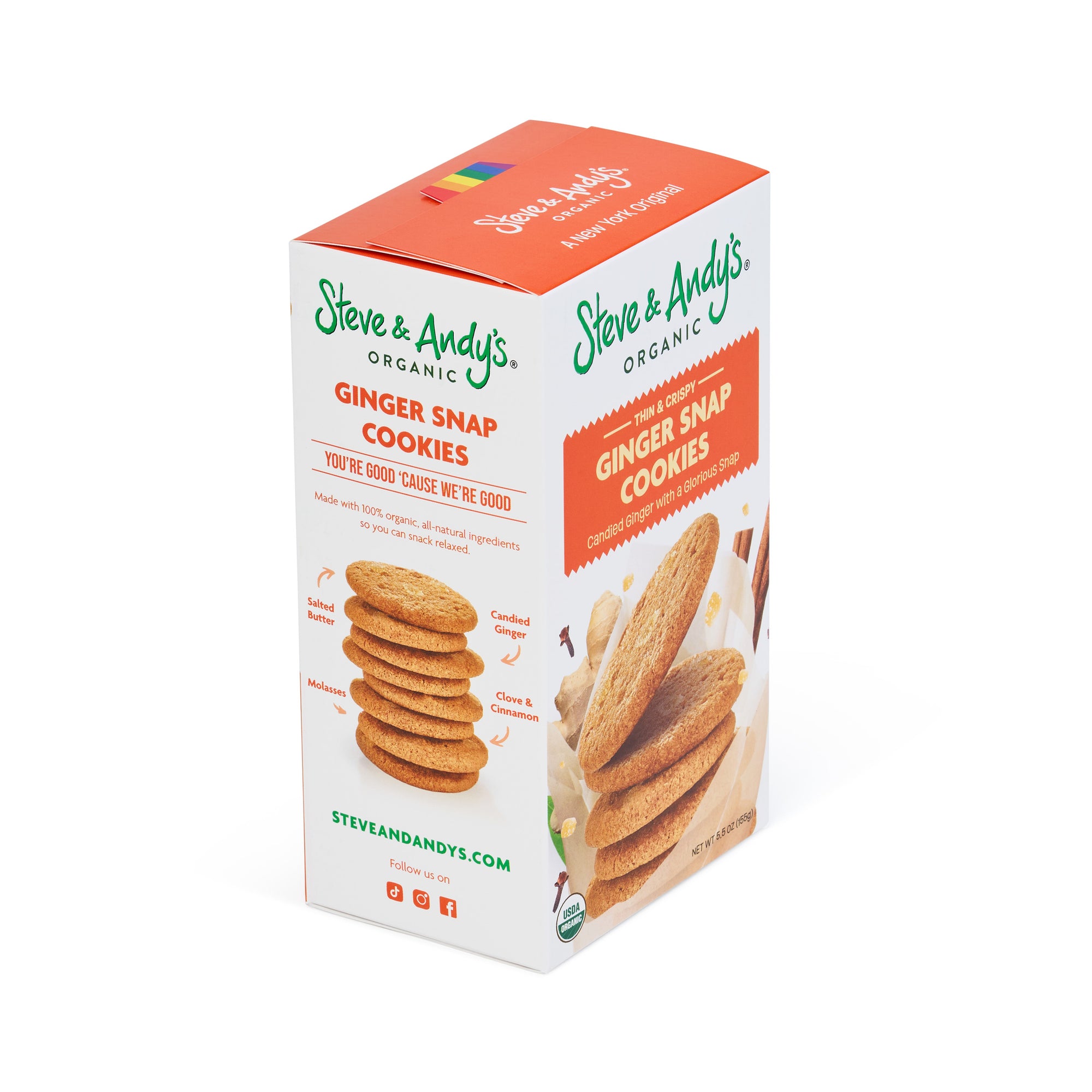 A box of Steve & Andy's Organic Ginger Snap Cookies.